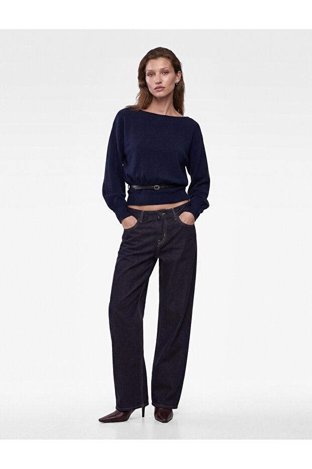 Belted Long Bat Sleeve Boat Neck Knitwear Blouse
