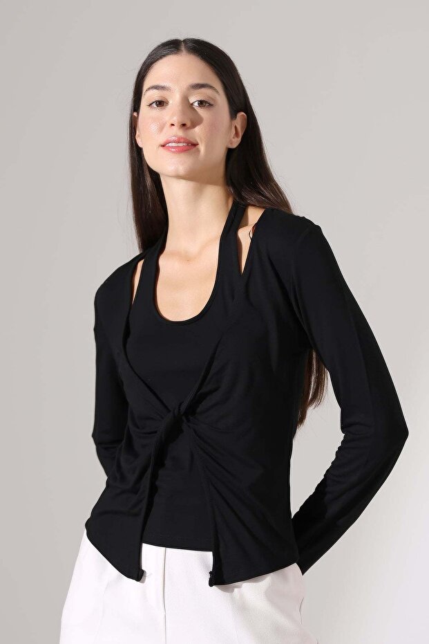 Women's Inside-Over-Neck, Outside-Cross-Tied Long Sleeve Blouse 22320