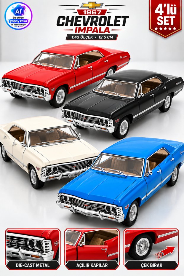 Die Cast 1967 Chevrolet Impala Model Car Set of 4 12.5cm – 1:43 Scale Metal Body Pull-Open Doors Pull-Open Doors Classic Car