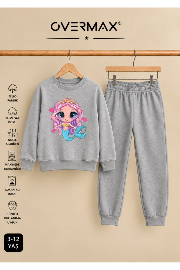 Mermaid Printed Hoodless Sweatshirt Tracksuit Set – Ages 3-12