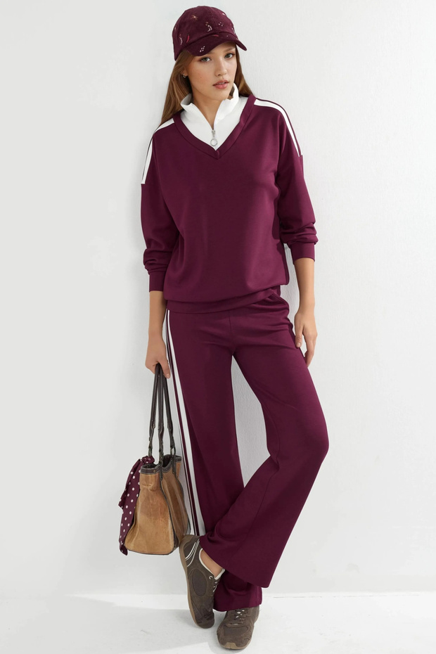 Soft Touch Modal Textured Zippered Collar Striped Wide Leg Two-Piece Set