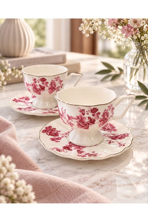 Vintage Pink Coffee Cup Set for 2 People