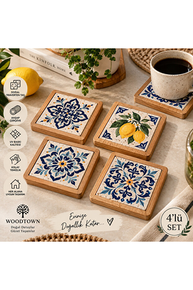 Woodtown 4-Piece Natural Travertine Stone Coasters with Wooden Frame and Uv Printed Tile Pattern Coffee Coaster