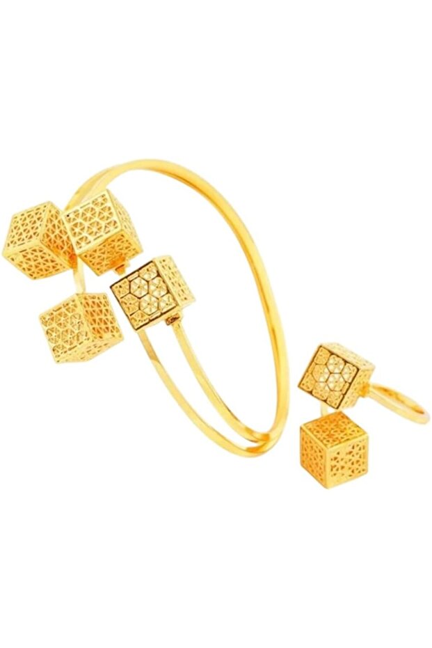 24K Gold Plated Copper Square Jewelry Set, Hollow Design Bangle and Matching Ring, 2 Pieces