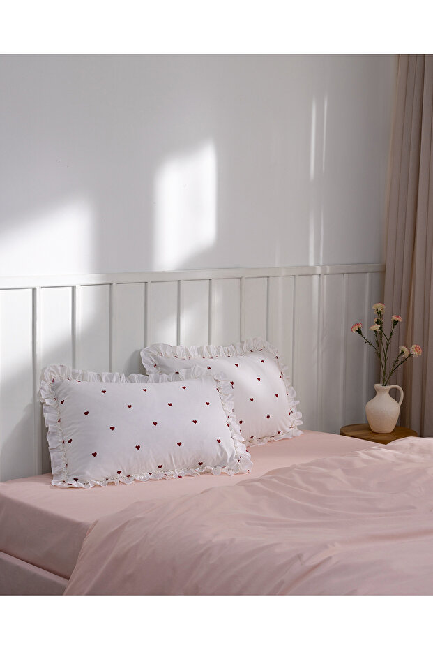 Isaline 100% Cotton Ranforce Ruffled 2-Piece Pillowcase - Red