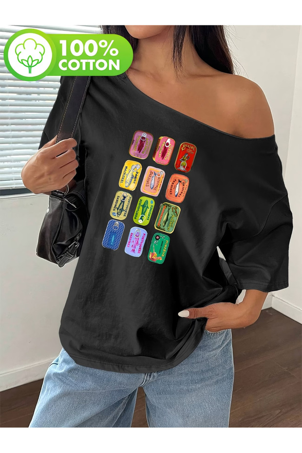 Women's Sardine Printed Oversize Boat Neck T-Shirt