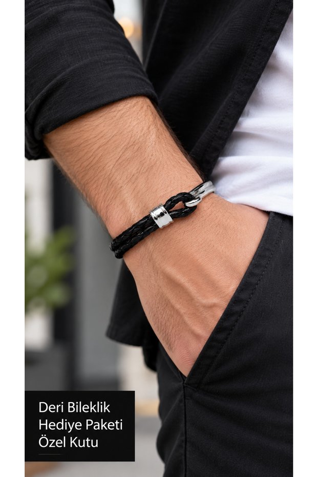 Cendrico Onyxline Black Leather Men's Bracelet - Silver Tone Half Metal Mesh