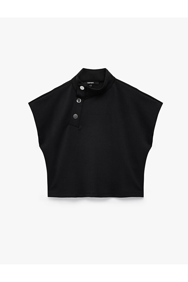 Modal Fabric Snap Closure Detailed Cap Sleeve Stand Collar Blouse