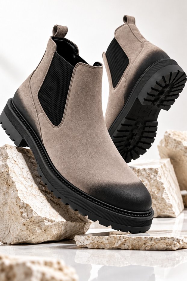 Brawn Genuine Leather Men's Chelsea Boots with Vintage Toe Detail and Elastic Thick Sole