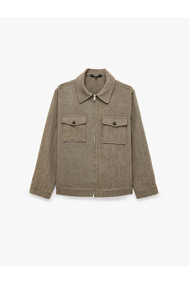 Wool Blend Covered Pocket Patterned Classic Collar Long Sleeve Zipper Shirt