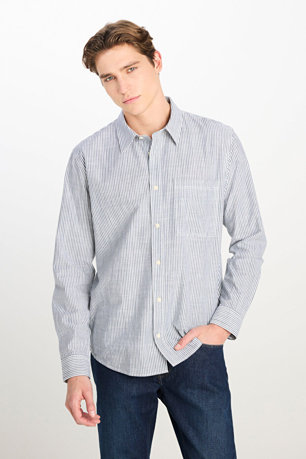 100% Cotton Relaxed Fit Wide Cut Striped Ecru Shirt