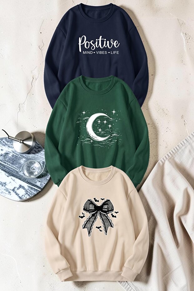 Unisex Mixed Printed Crew Neck Sweatshirt Set – Pack of 3