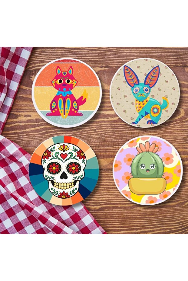 Set of 4 Colorful and Fun Illustration Design Coasters