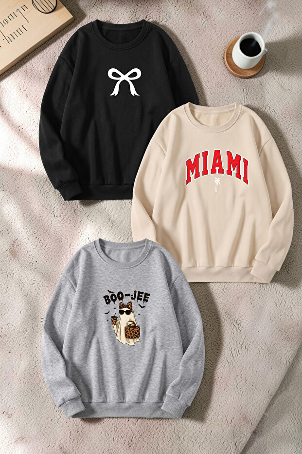 Unisex Mixed Printed Crew Neck Sweatshirt Set – Pack of 3