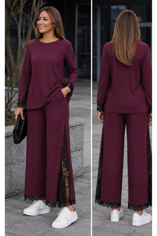 Women's long sleeve crew neck viscose two-piece set with lace detail: blouse and pants
