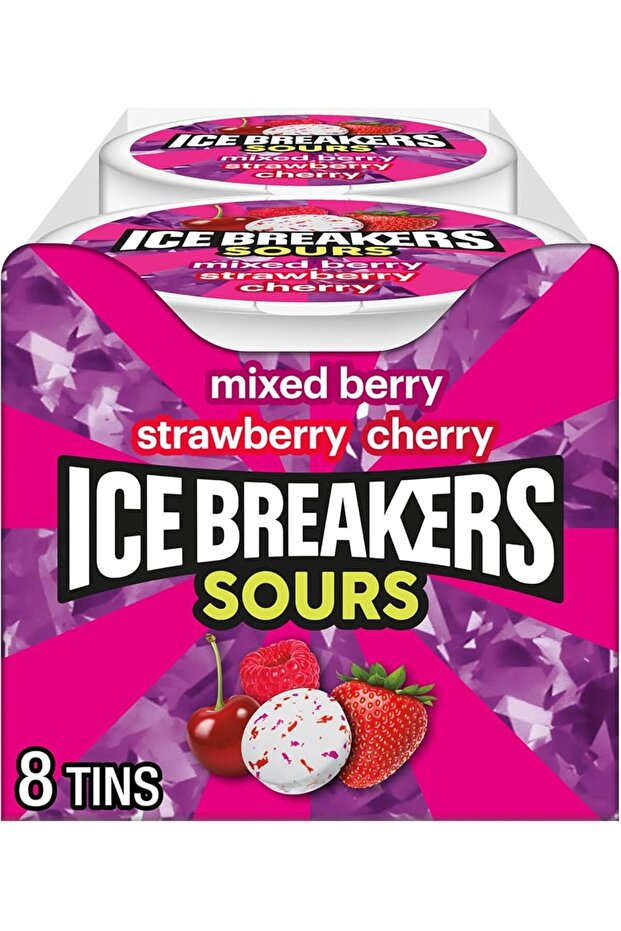 Ice Breakers Sours Berry Mix Mints (Pack of 8 Tins) – Sugar-Free Mixed Berry, Strawberry & Cherry Flavored Sour Mints