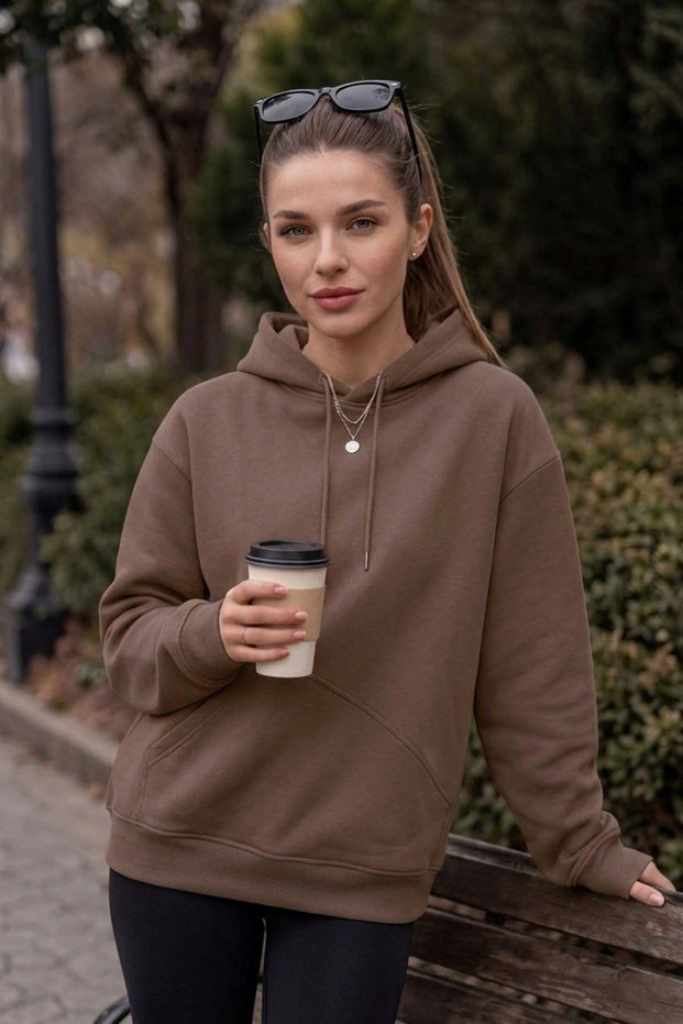 Women's Winter Thick Fleece Lined Puff Fabric Hooded Regular Sweatshirt with Side Pockets