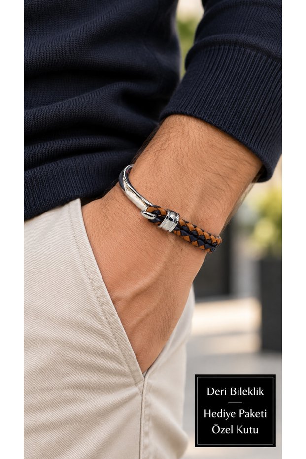 Corvelli Amberlink Brown Blue Leather Men's Bracelet - Silver Open Clasp
