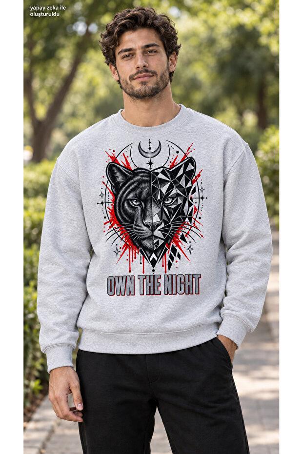 Men's Geometric Panther and Black Red Graphic Printed Crew Neck Casual Regular Fit Sweatshirt