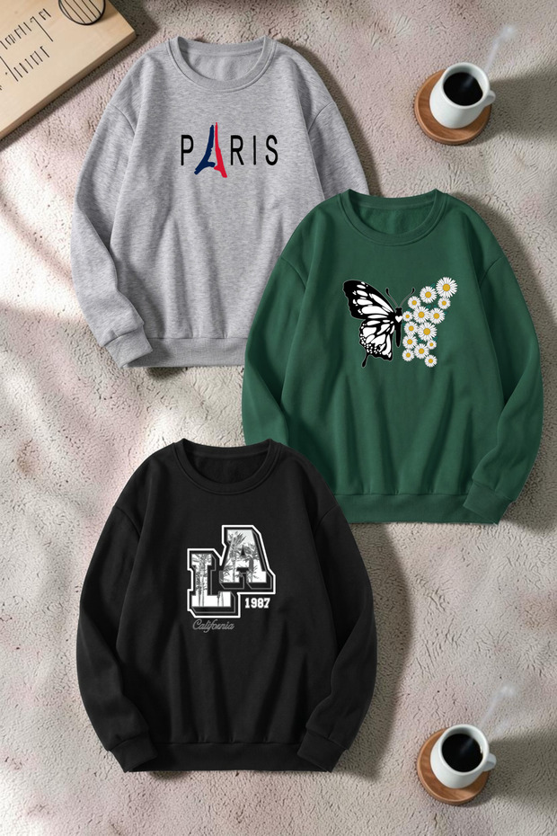 Unisex Mixed Printed Crew Neck Sweatshirt Set – Pack of 3
