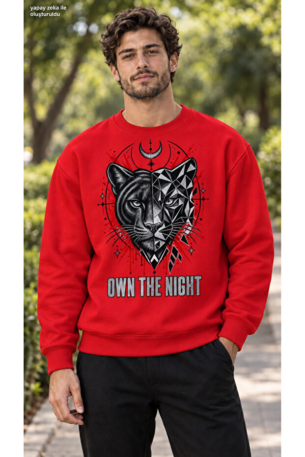 Men's Geometric Panther and Black Red Graphic Printed Crew Neck Casual Regular Fit Sweatshirt