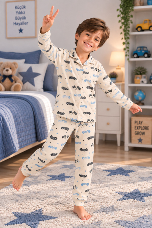 Boys' Pajama Set Car Patterned Long Sleeve Shirt Collar 2-Piece Pajama Set