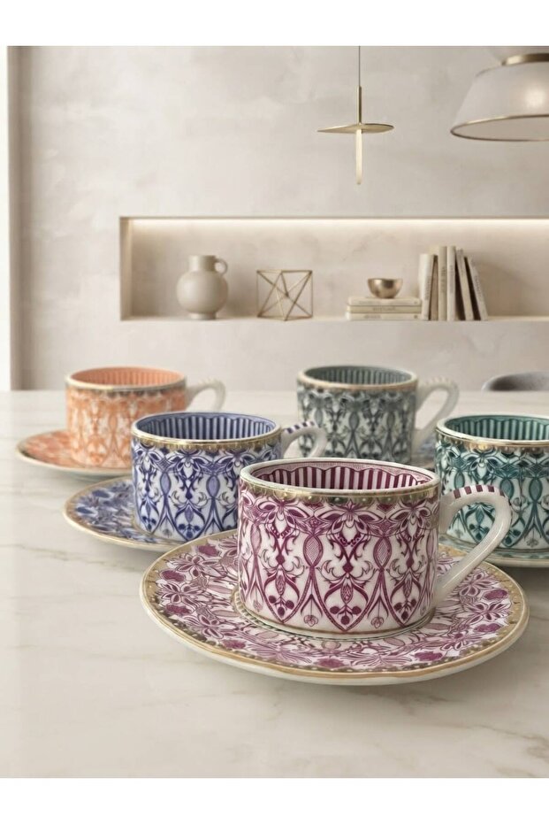 Colorful Patterned Gold Gilded Coffee Cup Set for 6 People