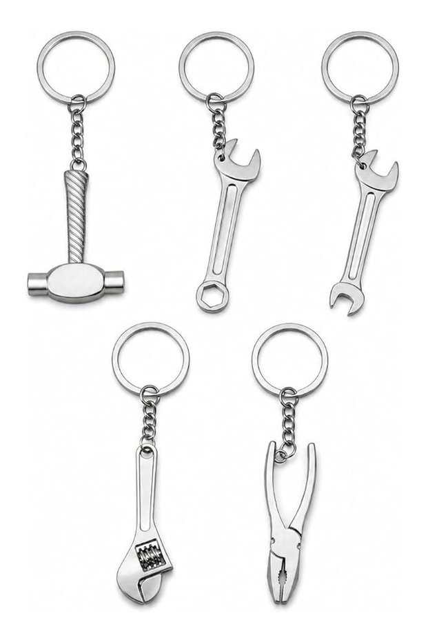 Mini Repair Tool Keychain Set for Keys and Bags, 5 Pieces Metal Miniature Hand Tool Pendants including Wrench Hammer and Pliers