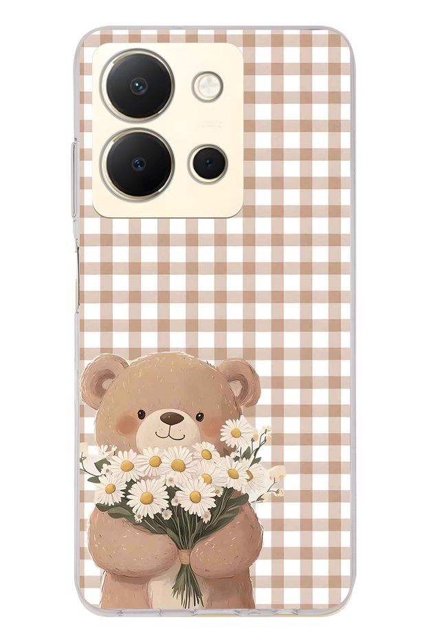 Vivo Y36 Compatible Transparent Phone Case with Flower Bouquet and Teddy Bear Pattern