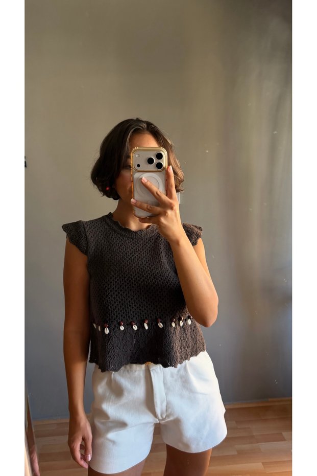 Women's Black Openwork Knitwear Blouse Sleeveless Knitted Top with Bead Detail
