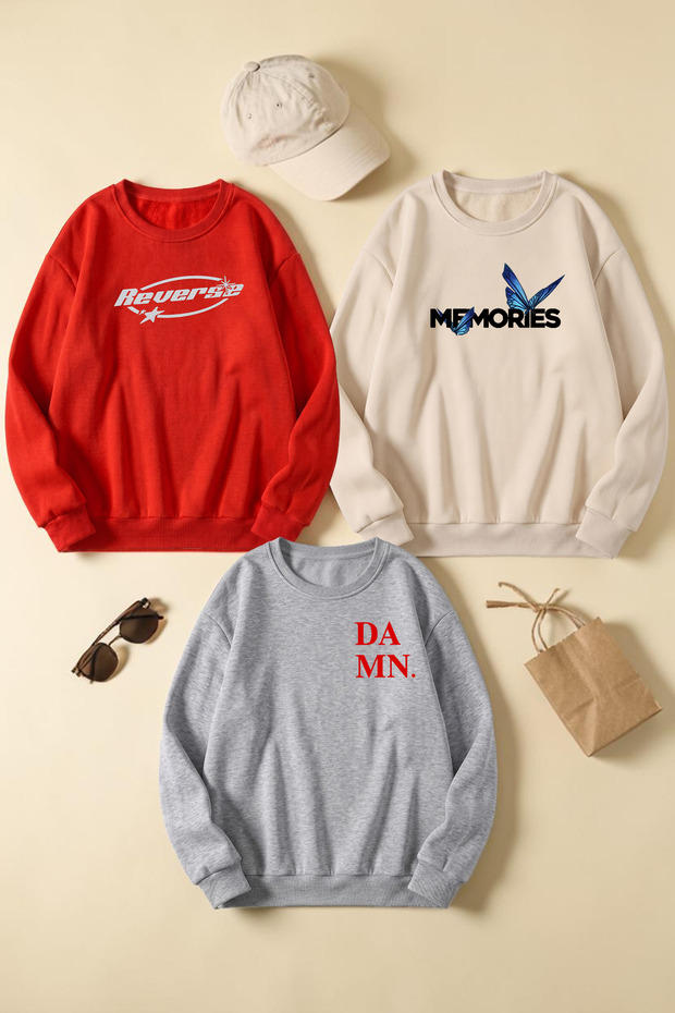 Unisex Mixed Printed Crew Neck Sweatshirt Set – Pack of 3