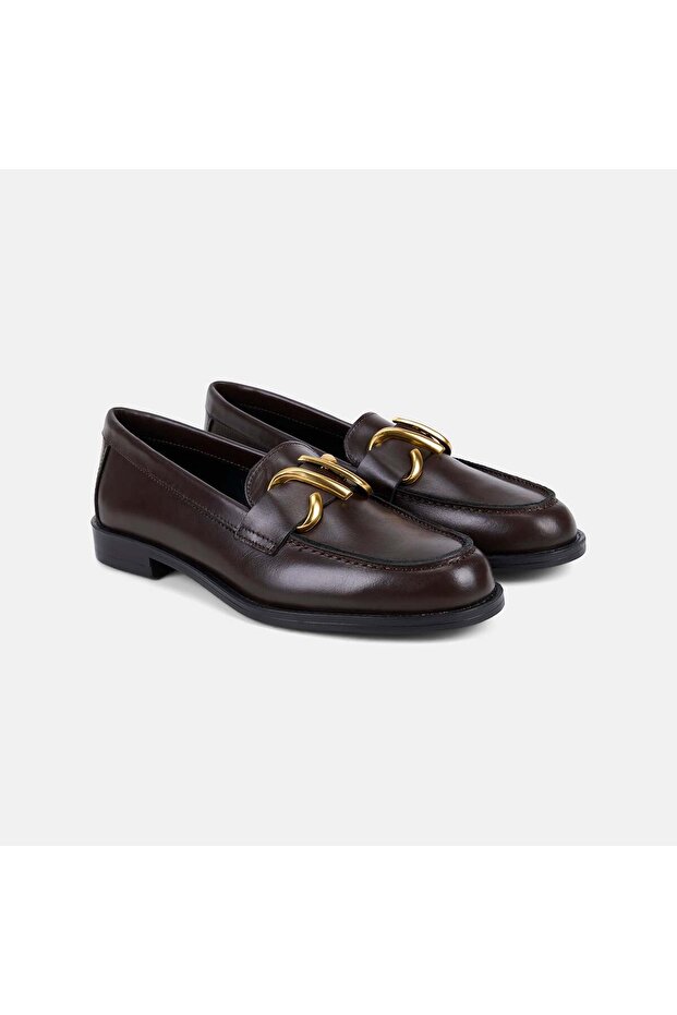 Women's Bitter Brown Asymmetrical Leather Loafer with Gold Buckle