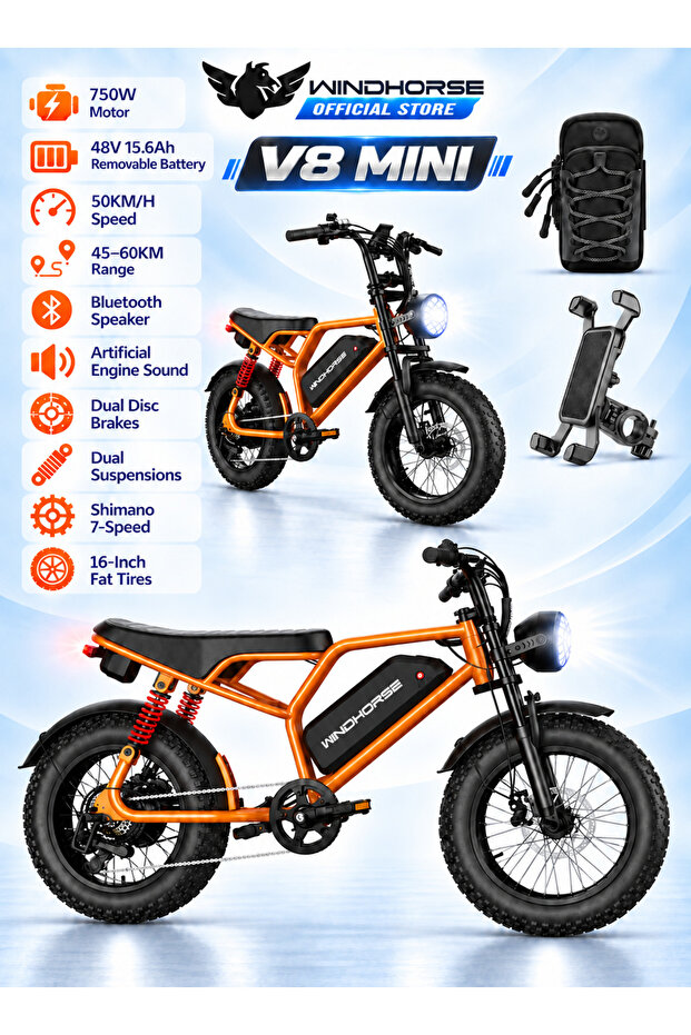V8 Mini Electric Bike 750W Motor (1255W Peak Power) – 48V 15.6Ah Battery, 50KM/H Speed, 60KM Range, Bluetooth Speaker, Artificial Engine Sound, Dual Disc Brakes