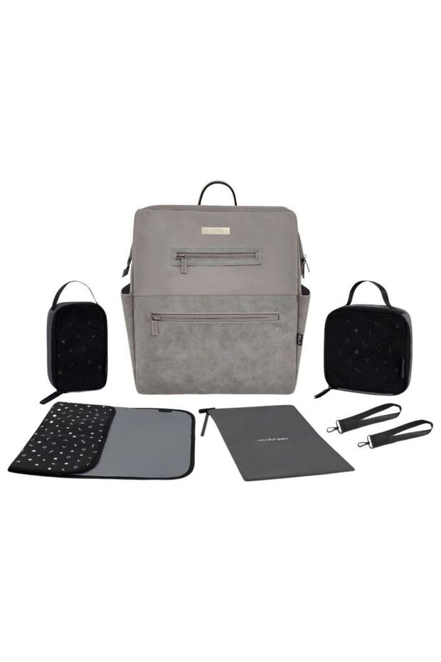 Rilo Diaper Backpack 7pc-Set with Changing Mat, Wet Bag & Pouches - Stone Grey