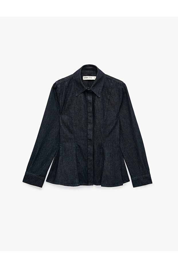 Cotton Long Sleeve Classic Collar Buttoned Peplum Denim Shirt