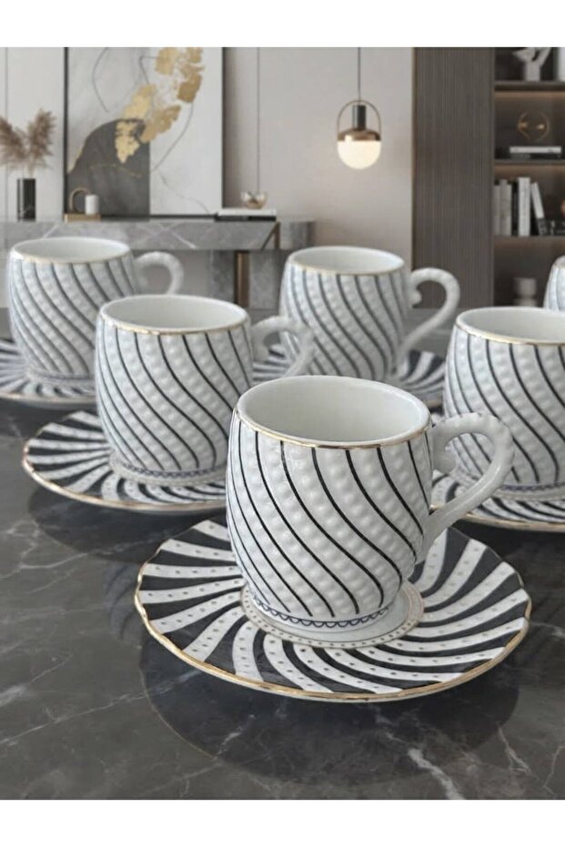 Black and White Spiral Patterned Gold Gilded Turkish Coffee Cup Set for 6 People