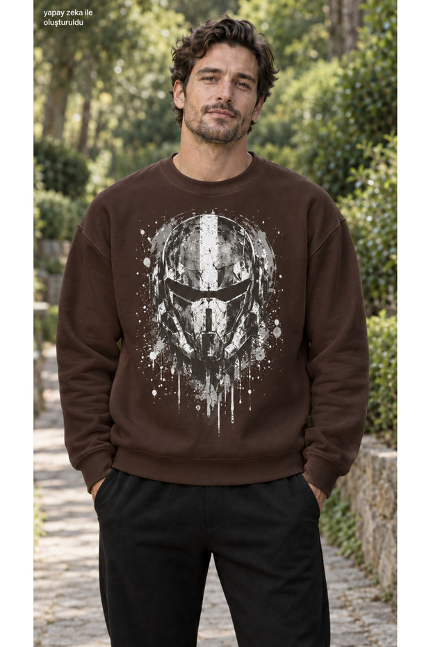 Men's Uturistik Robot Helmet Printed Crew Neck Casual Regular Fit Sweatshirt