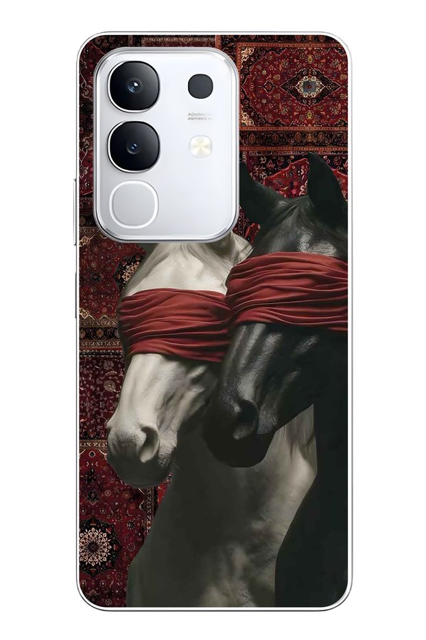 Vivo Y29 Compatible Transparent Phone Case with Carpet Background and Horse Artistic Pattern