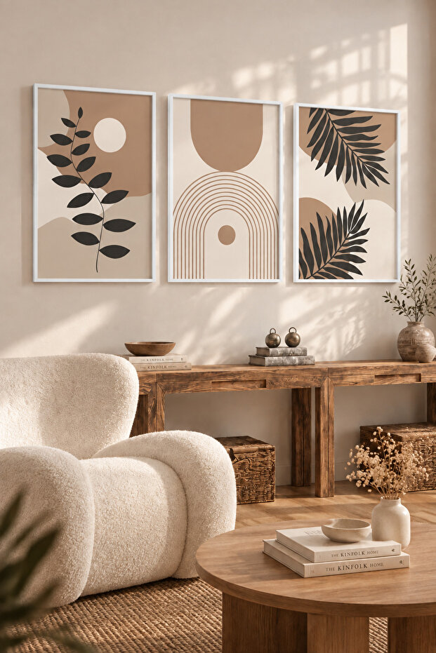 Natural Wood Framed 3-Piece Boho Leaf Pattern Wall Decor Painting Set for Living Room Living Bedroom Kitchen Entrance