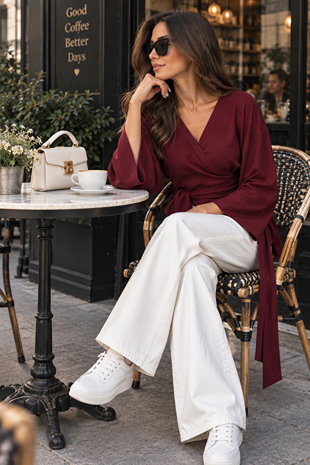 Women's Double Breasted V-Neck Belted Waist Tie Bat Sleeve Loose Long Sleeve Blouse