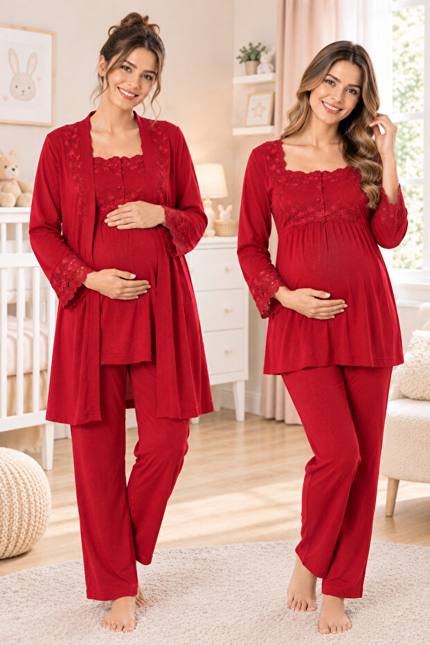 Maternity Long Sleeve Adjustable Waist Pajama Set with Maternity Robe