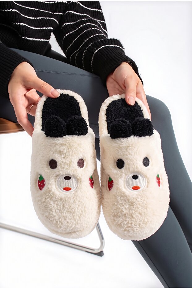 Women's Plush House Slippers Teddy Bear Strawberry Embroidered Closed Toe Open Back Soft Stylish Comfortable Winter Slippers