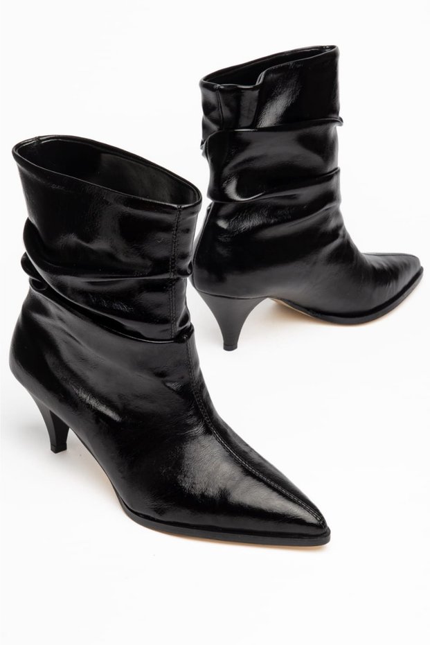 Slouchy Patent Leather Special Design Heeled Black Women's Boots