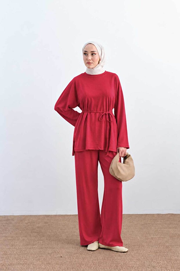 Women's Crew Neck Waist Tie Set Red