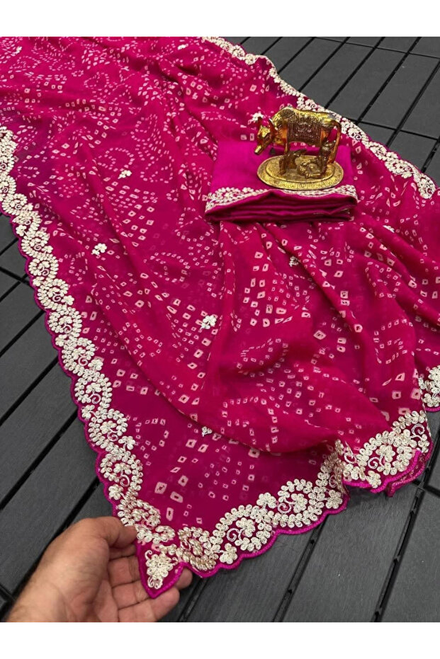 Magenta Bandhani Georgette Saree with Embroidered Scalloped Border - KTS9875 | Magenta