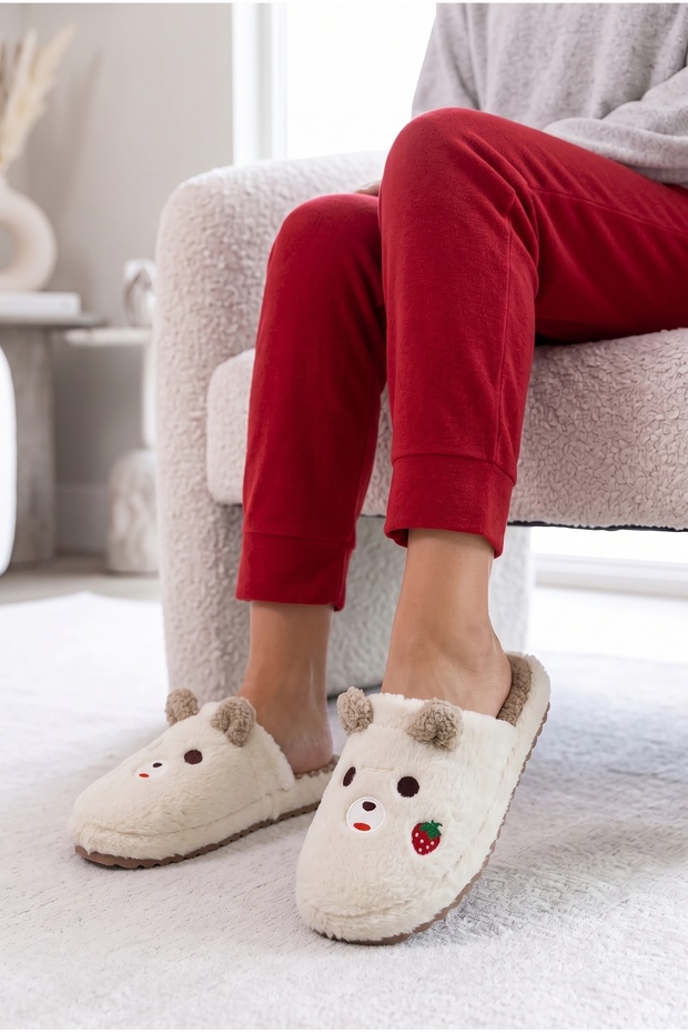 Women's Plush House Slippers Teddy Bear Strawberry Embroidered Closed Toe Open Back Soft Stylish Comfortable Winter Slippers