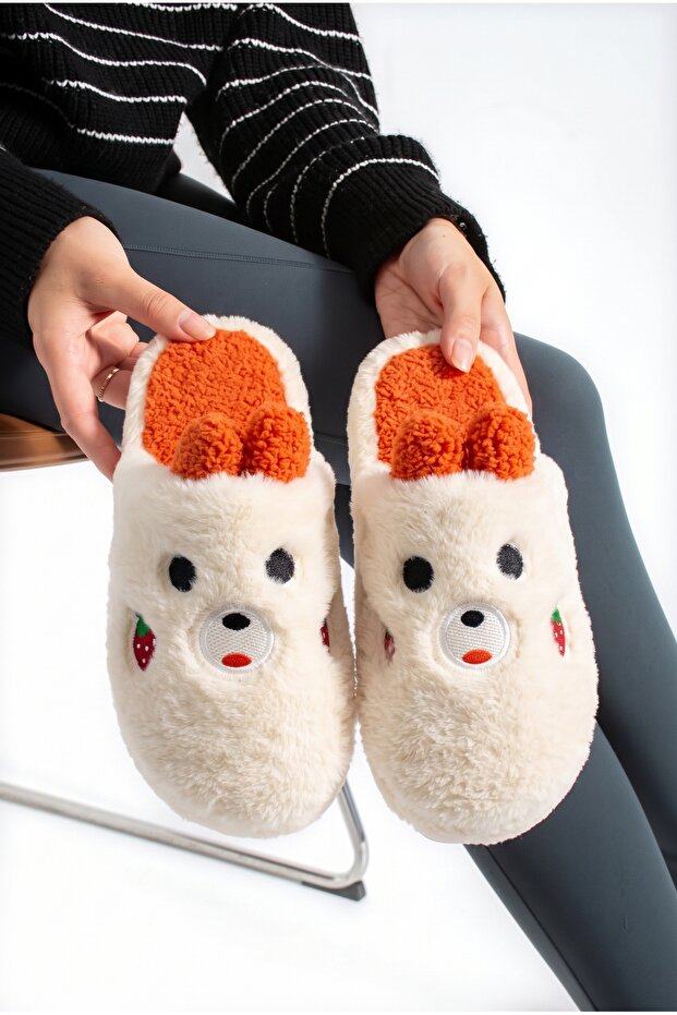 Women's Plush House Slippers Teddy Bear Strawberry Embroidered Closed Toe Open Back Soft Stylish Comfortable Winter Slippers