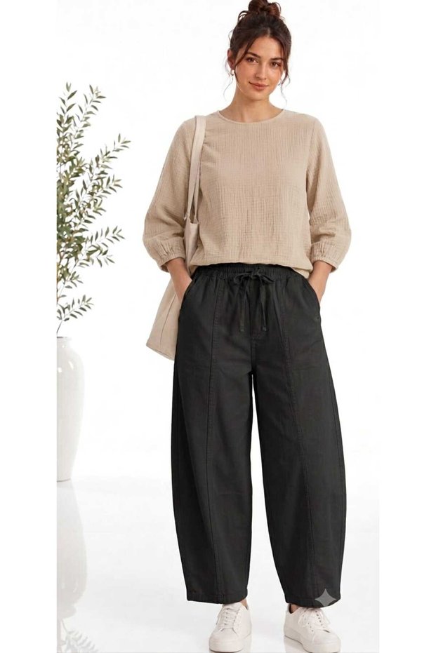 Elastic Waist, Lace-Up, Side Pocket Gabardine Fabric Shalwar Trousers