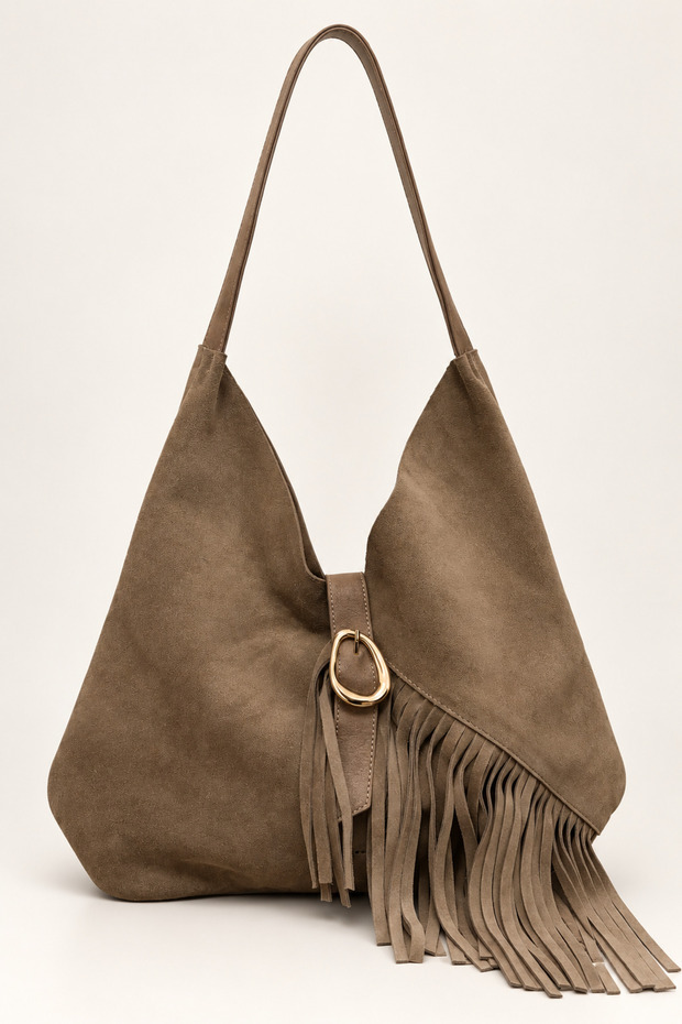 Women's Genuine Suede Leather Large Size Shoulder Bag with Tassel Detail, Large Volume Stylish Bag Elt1009