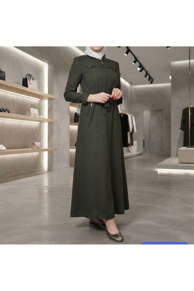 Women's Hijab Zippered Belted Long Dress, Ferace – Khaki